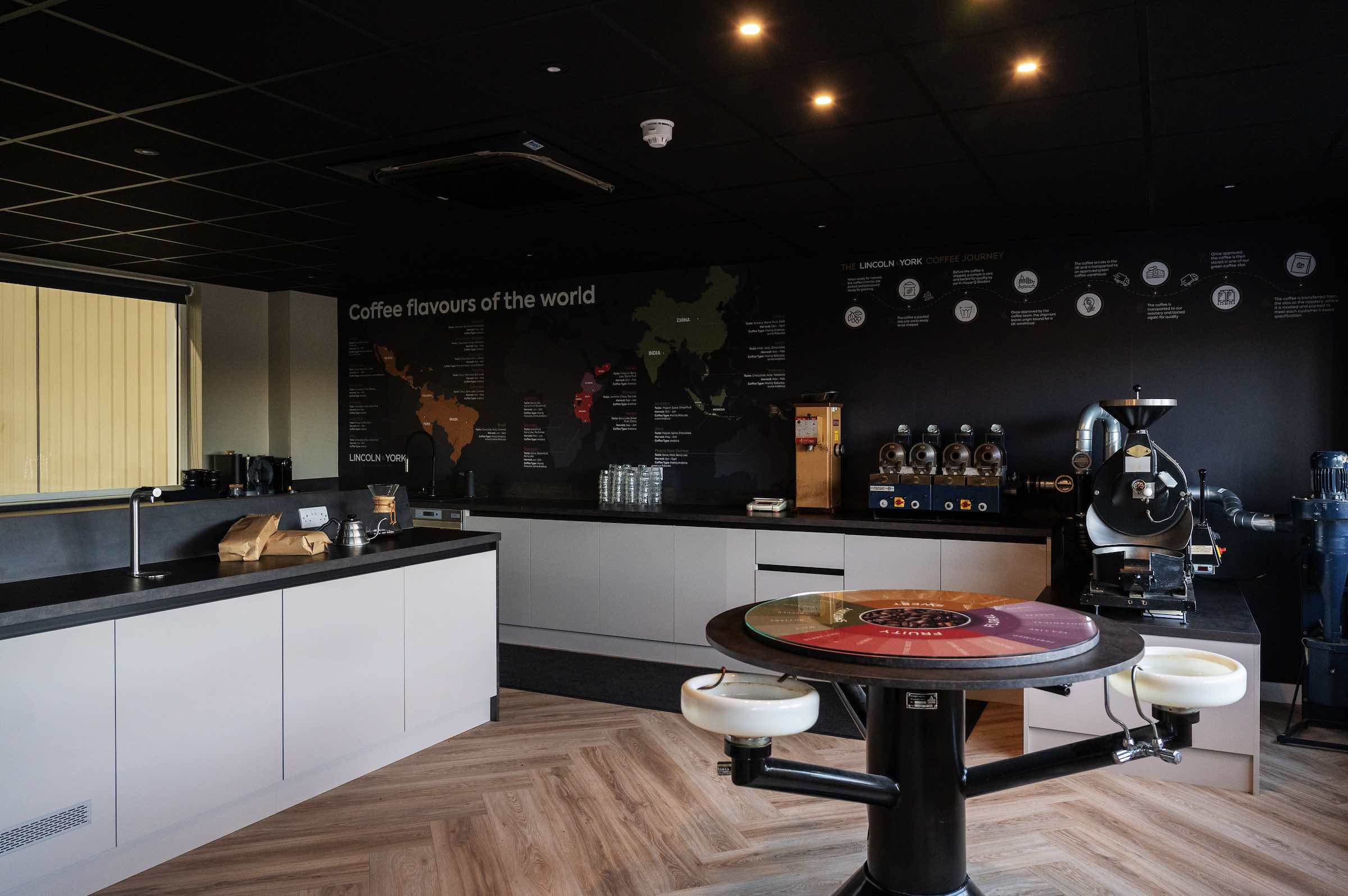A display of coffee flavors from around the world in a kitchen.